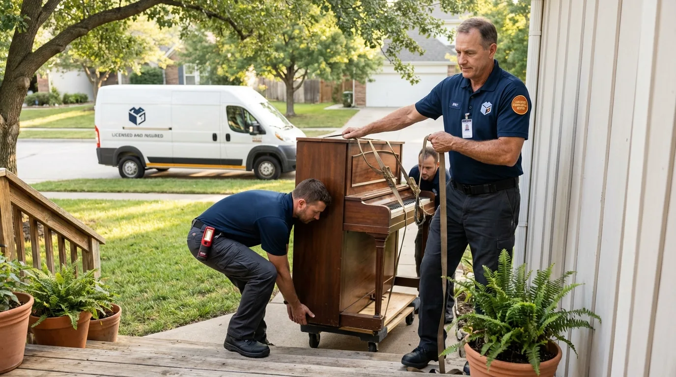Licensed piano movers securing grand piano in Somerville, TX